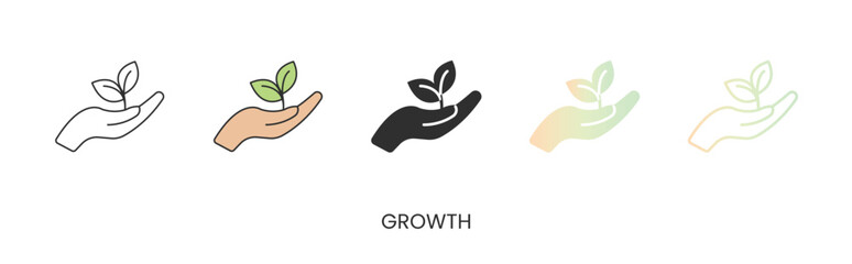 Fototapeta premium Vector icon of hand with leaves, growth, icon in solid, gradient and line styles and lineal color. Trendy colors. Isolated on a white background. Editable stroke