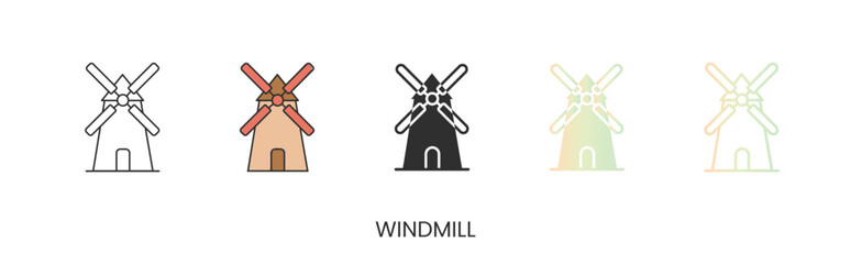 Vector windmill icon, icon in solid, gradient and line styles and lineal color. Trendy colors. Isolated on a white background. Editable stroke - obrazy, fototapety, plakaty
