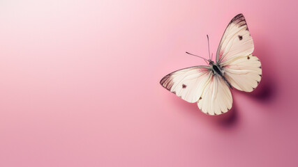 The delicate pale butterfly with soft spots rests gracefully on a serene pink backdrop