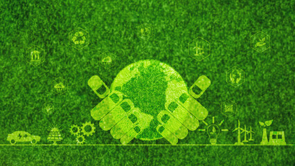 Grass background with green balls and has an environment icon environmental conservation concept...