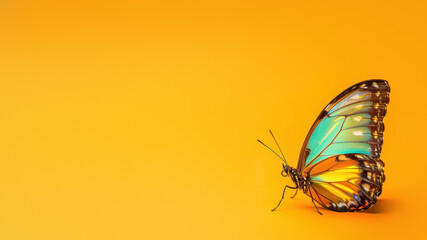 A stunning green and black butterfly with translucent wings rests on a yellow background,...