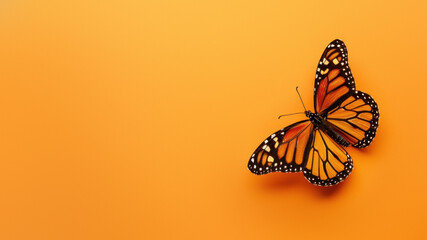 A vibrant monarch butterfly with its wings fully spread on a yellow background, symbolizing hope...