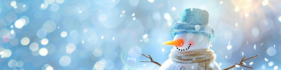 A sparkling snowman ornament with a carrot nose and top hat, set against a wintry sky-blue background - obrazy, fototapety, plakaty