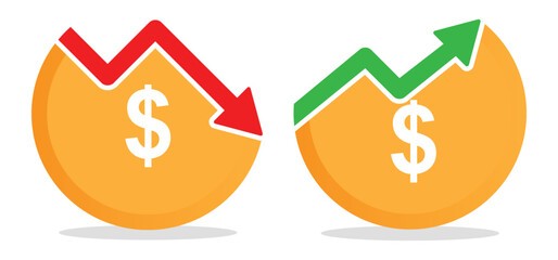 price, rate, profit increase and decrease icon, set of cost symbol dollar, money, coin sign with arrow up and down. transparent vector illustration for app, website, presentation