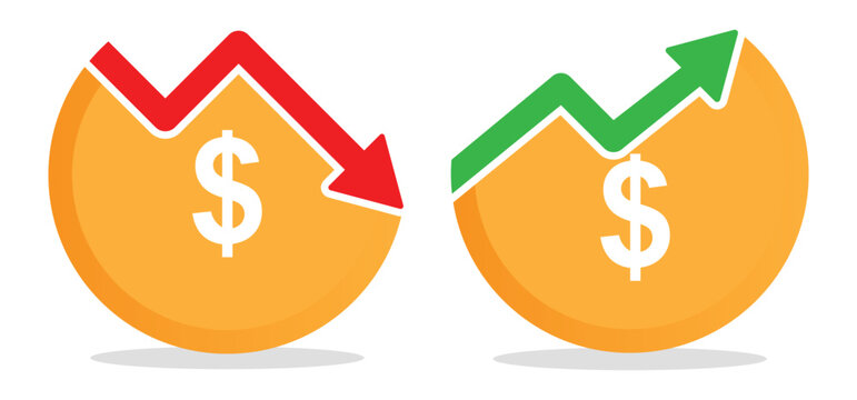 price, rate, profit increase and decrease icon, set of cost symbol dollar, money, coin sign with arrow up and down. transparent vector illustration for app, website, presentation