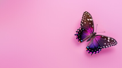 This striking purple butterfly exhibits intricate patterns with white and black spots against a...