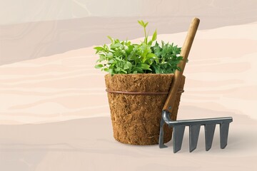 Ecological, eco-friendly peat pot with a rake.