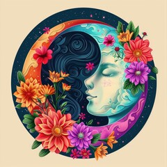 A serene illustration depicting a moon goddess encircled by radiant flowers, evoking a sense of peace and the beauty of the natural world.
