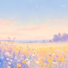 Obraz na płótnie Canvas Enchanting Scene: Pastel-hued meadow in bloom, with serene landscape and dreamy horizon. Perfect for evoking tranquility or celebrating nature's beauty.