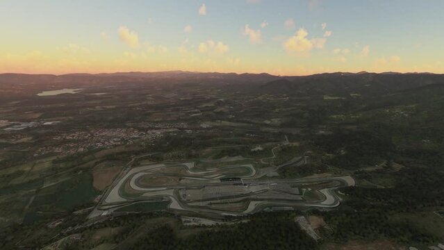 Aerial view at sunset of the Mugello Circuit in Scarperia e San Piero - Florence - Tuscany. Italy