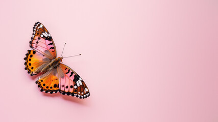 A painted lady butterfly's warm tones pop against a soft pink backdrop, illustrating the beauty of...