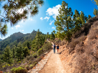 Obraz premium A couple of hikers on the trail up to Roque Nublo in Gran Canaria, Canary Islands