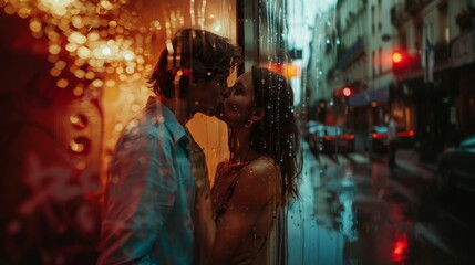 young sexy couple man and woman kissing in the city at night. A couple in love is about to kiss, on a rainy evening against the backdrop of the night city
