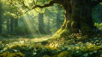 The forest is stunning due to its clearness, silence, flowing water on the ground, and the presence of magical creatures (including a mossy tree stump). - obrazy, fototapety, plakaty