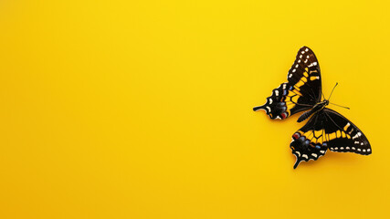 A striking black and yellow swallowtail butterfly stands out against a vivid yellow background,...