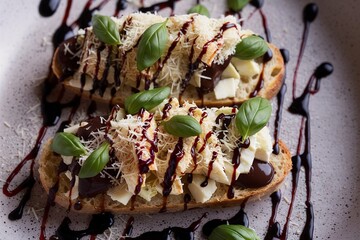 Parmesan and chocolate bruschetta with basil leaves