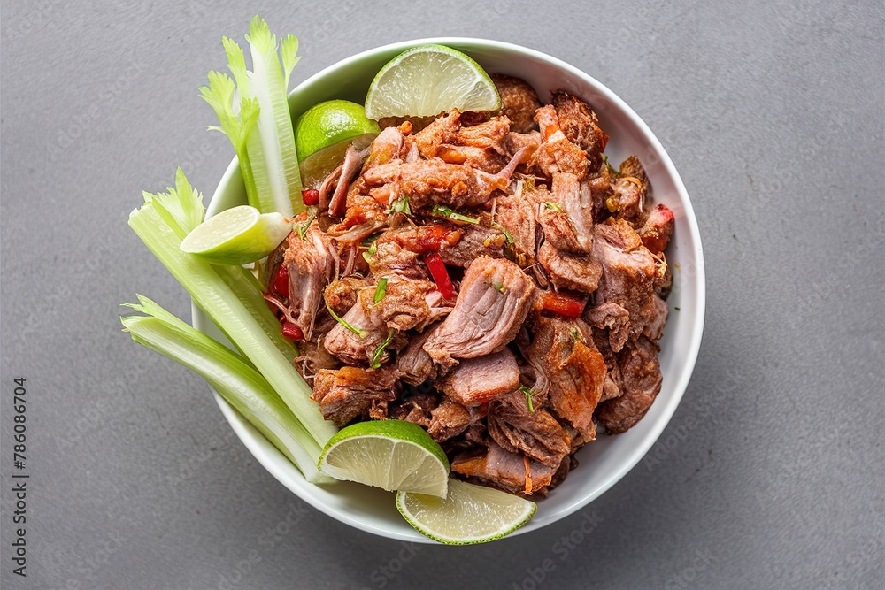 Wall mural Pork carnitas in a bowl with celery and lime wedges - Wall murals