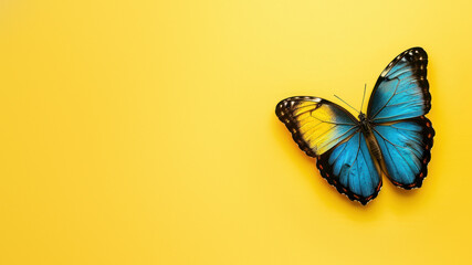 The alluring image of a blue and black butterfly poised centrally on a sunny yellow background