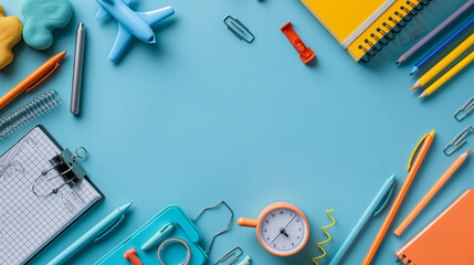 Well organized drawing station from top view bright stationery, pencil case, pens, sketchbook, plasticine, stapler, scissors, plane shaped sharpener, clock on soft blue backdrop. Space for text or ad.