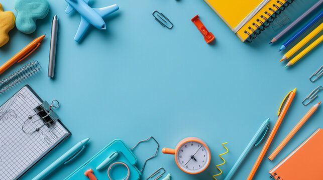 Well Organized Drawing Station From Top View Bright Stationery, Pencil Case, Pens, Sketchbook, Plasticine, Stapler, Scissors, Plane Shaped Sharpener, Clock On Soft Blue Backdrop. Space For Text Or Ad.