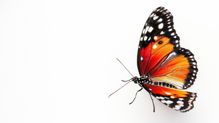 Fototapeta na wymiar Vividly colored butterfly with a dynamic pose and blurred facial area against a white background