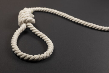 Rope noose for hangman made of natural fiber rope on a grainy gray wall. - obrazy, fototapety, plakaty