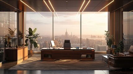 A sophisticated executive office with panoramic views of the city skyline, featuring designer furnishings and sleek, modern decor, where business leaders make strategic