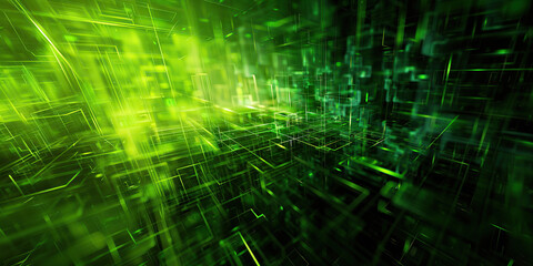 Fototapeta premium horizontal abstract image of glowing blurry green fluorescent transparent lines and cubes background