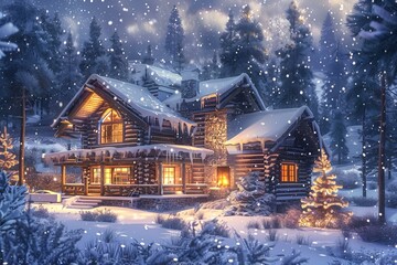 Oświetlony nowoczesny dom w zimowej scenerii