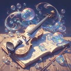 An enchanting image of a violin surrounded by iridescent bubbles, evoking the dreamy essence of musical melodies.