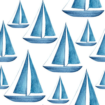 Sailboat seamless pattern hand drawn in watercolor isolated on white. High quality blue simple monochromatic illustration for wrapping paper, textile, wallpaper, notebooks, souvenirs, room decor