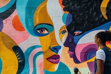 fragment kolorowego muralu miejskiego. Na murze widoczne są stylizowane twarze kobiet o różnych cechach i kolorach skóry - obrazy, fototapety, plakaty