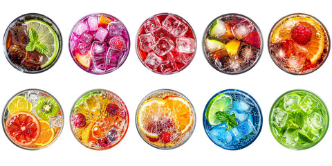 Collection top view of glasses with Summer Soda colorful drinks menu isolated on background, mocktail or cocktail for refreshing.