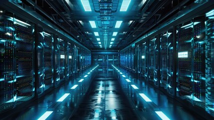 A sprawling data center illuminated by rows of blinking lights and humming servers, the heart of a...