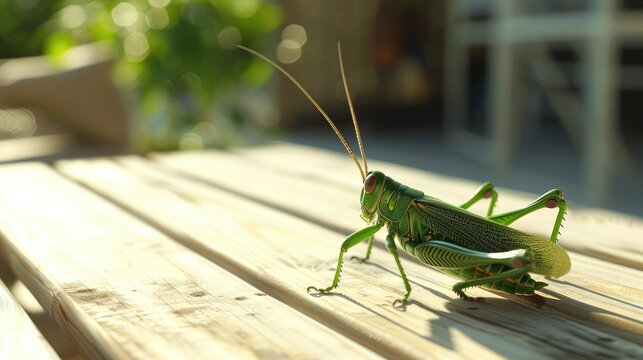 A grasshopper that is green sitting on a table made of wood