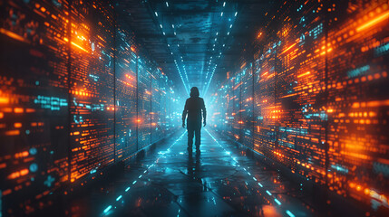 Digital Transformation Conceptual for Next Gener,
A man stands in a dark room with a man standing in front of a large maze. - obrazy, fototapety, plakaty