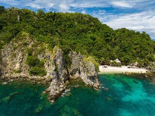 Top view of coast with beach and coral reef in the tropics. Apo Island. Negros, Philippines.