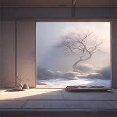 Tranquil Japanese Garden Interior - Experience the Calm of Traditional Zen with Softly Lit Cherry Blossoms and Serene Bonsai Tree in Snowy Setting