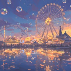 Enchanting Amusement Park Atmosphere with Illuminated Rides and Bubbles