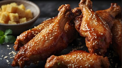 Crispy BBQ chicken wings with sesame, Photograph, Realistic, Food Photography, Art Inspirations from Food Photography blogs and magazines, Camera: Canon EOS 5D Mark IV, Lens: Canon EF 100mm f/2.8L Mac - obrazy, fototapety, plakaty