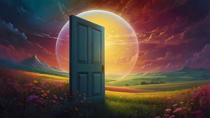 Digital illustration depicting light shining through an open door in a field landscape at night, symbolizing new beginnings and progress. The scene is rendered in a surreal style, with exaggerated pro