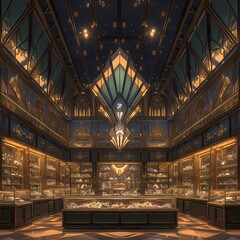 Opulent Jewelry Store in Art Deco Style; Showcasing Gems and Treasures Under Illuminated Ceiling