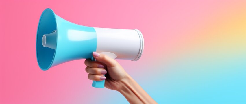 Hand holding megaphone, marketing and sales, bright background