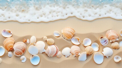 Fototapeta na wymiar Sandy beach adorned with delicate seashells, scattered like treasures along the shore, creating a picturesque scene of natural beauty and coastal charm. 