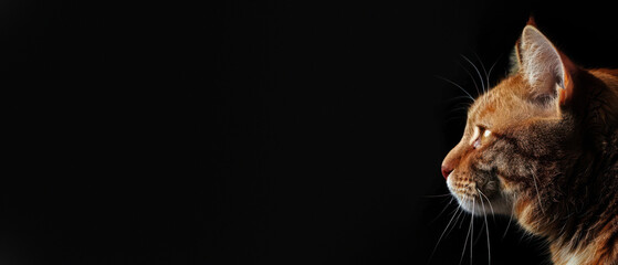 A close-up shot capturing the side profile of a pensive orange tabby cat against a dark background, exuding a mysterious and contemplative vibe