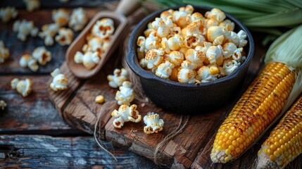 a wooden background adorned with freshly popped popcorn and golden corn kernels, oil and a...