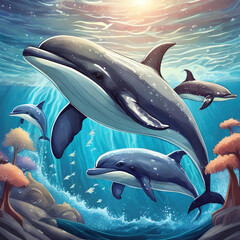 여러 돌고래들이 수영하는 모습 - obrazy, fototapety, plakaty