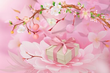 Branch of cherry, apricot, sakura with gift box with ribbon on pink background