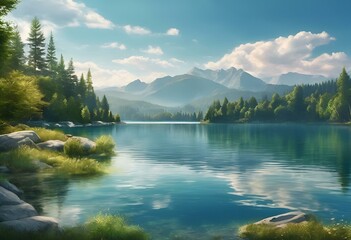 there are green and blue trees near the water and mountain