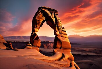 a rock arch in the desert with a sunset behind it